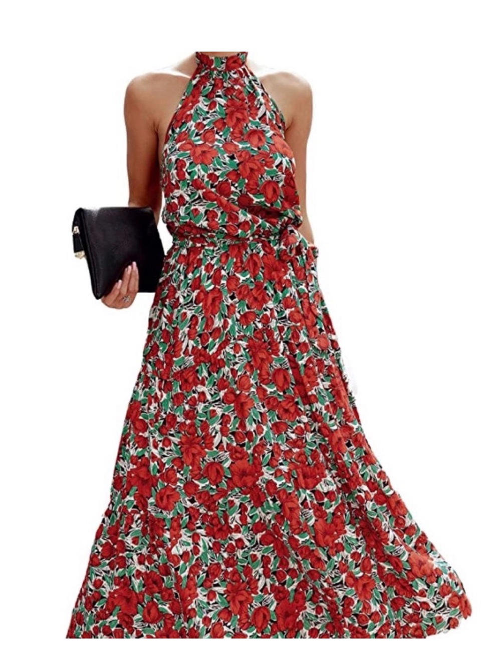Red Floral Halter Maxi Dress - Sleeveless Summer Maxi